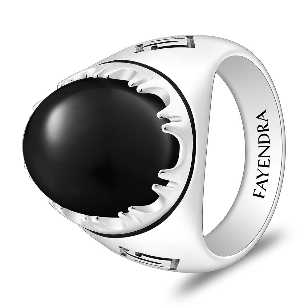 Sterling Silver 925 Ring Rhodium And Black Plated Embedded With Natural Black Agate Cabochon For Men