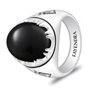 Sterling Silver 925 Ring Rhodium And Black Plated Embedded With Natural Black Agate Cabochon For Men