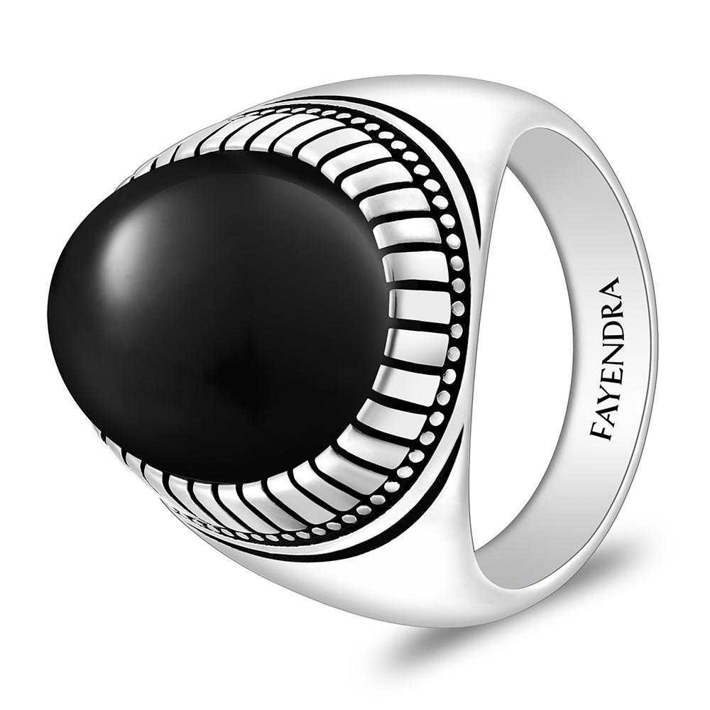 Sterling Silver 925 Ring Rhodium And Black Plated Embedded With Natural Black Agate Cabochon For Men