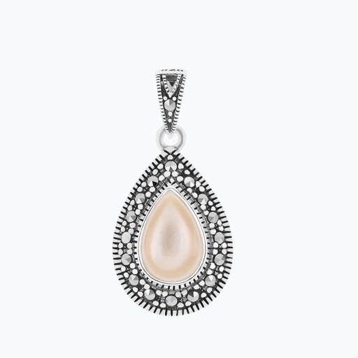 [PND04MAR00PNKA229] Sterling Silver 925 Pendant Natural Pink Shell Marcasite Stones