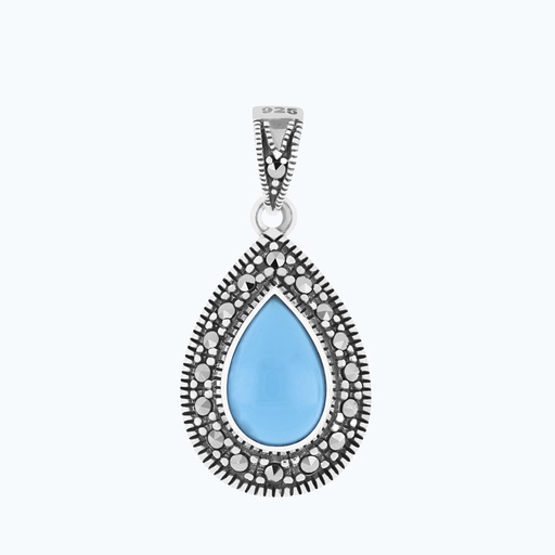 [PND04MAR00TRQA229] Sterling Silver 925 Pendant Natural Processed Turquoise Marcasite Stones