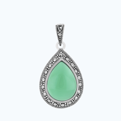 [PND04MAR00GAGA241] Sterling Silver 925 Pendant Natural Green Agate Marcasite Stones
