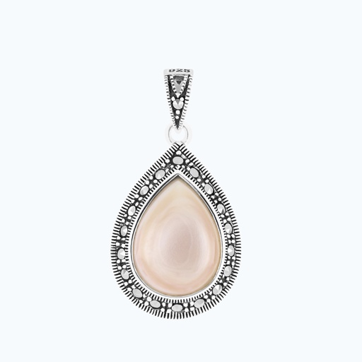 [PND04MAR00PNKA241] Sterling Silver 925 Pendant Natural Pink Shell Marcasite Stones