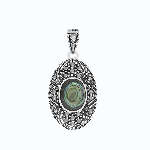 [PND04MAR00ABAA243] Sterling Silver 925 Pendant Natural Blue Shell Marcasite Stones