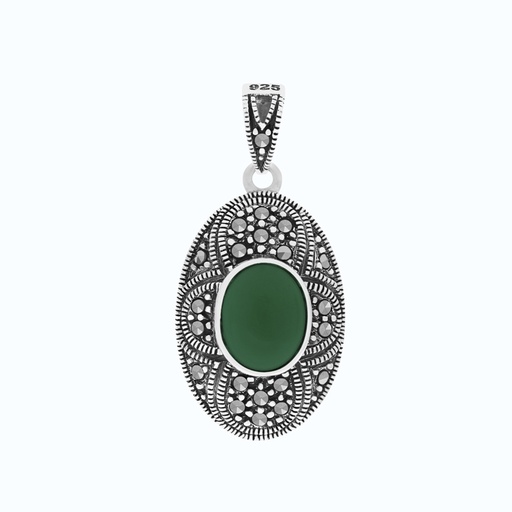 [PND04MAR00GAGA243] Sterling Silver 925 Pendant Natural Green Agate Marcasite Stones