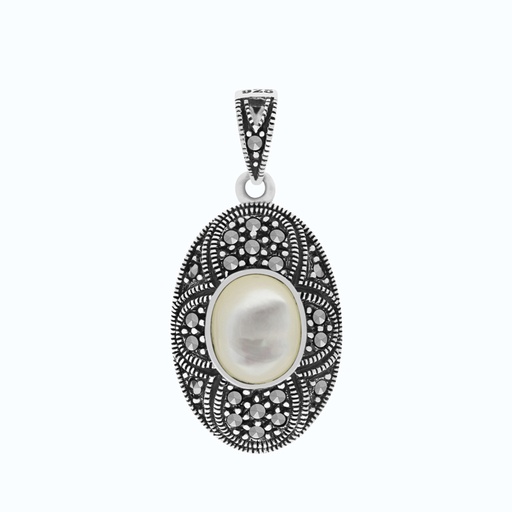 [PND04MAR00MOPA243] Sterling Silver 925 Pendant Natural White Shell Marcasite Stones