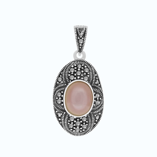 [PND04MAR00PNKA243] Sterling Silver 925 Pendant Natural Pink Shell Marcasite Stones