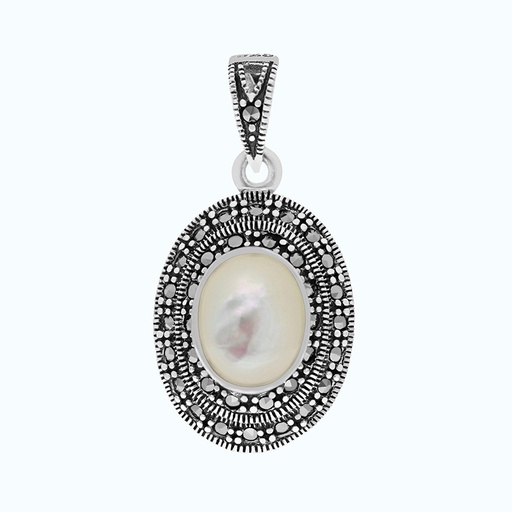 [PND04MAR00MOPA246] Sterling Silver 925 Pendant Natural White Shell Marcasite Stones