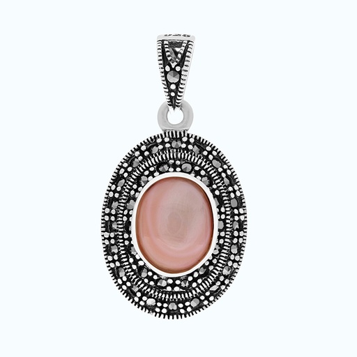[PND04MAR00PNKA246] Sterling Silver 925 Pendant Natural Pink Shell Marcasite Stones