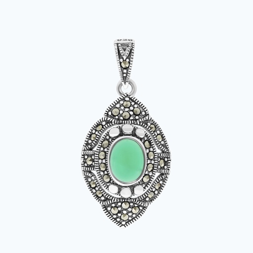 [PND04MAR00GAGA248] Sterling Silver 925 Pendant Natural Green Agate Marcasite Stones