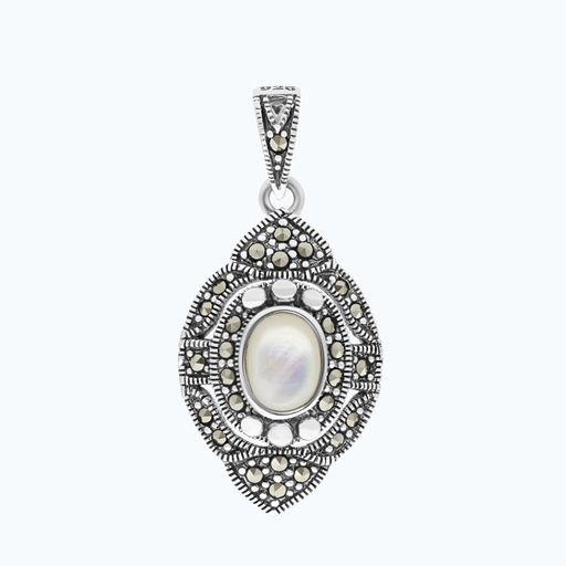 [PND04MAR00MOPA248] Sterling Silver 925 Pendant Natural White Shell Marcasite Stones