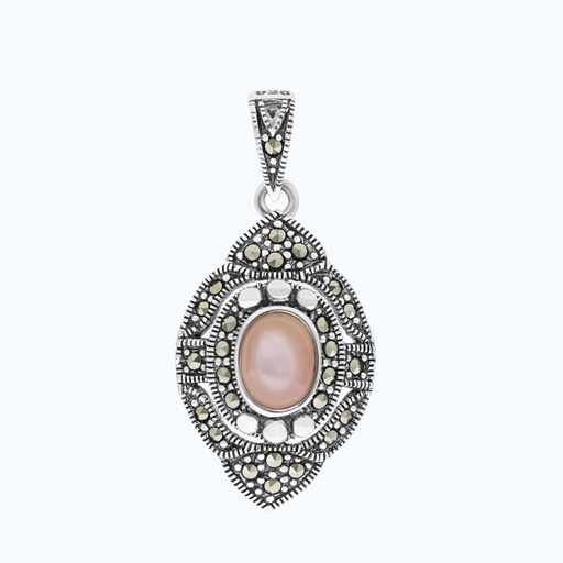 [PND04MAR00PNKA248] Sterling Silver 925 Pendant Natural Pink Shell Marcasite Stones