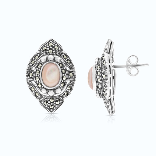 [EAR04MAR00PNKA195] Sterling Silver 925 Earring Natural Pink Shell Marcasite Stones
