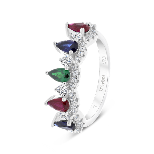Sterling Silver 925 Ring Rhodium Plated Sapphire Corundum , Ruby Corundum , Emerald Zircon