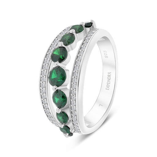 Sterling Silver 925 Ring Rhodium Plated Embedded With Emerald