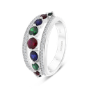 Sterling Silver 925 Ring Rhodium Plated Sapphire Corundum , Ruby Corundum , Emerald Zircon