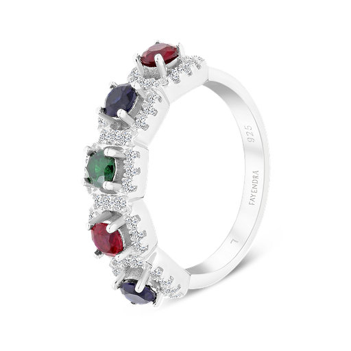 Sterling Silver 925 Ring Rhodium Plated Sapphire Corundum , Ruby Corundum , Emerald Zircon