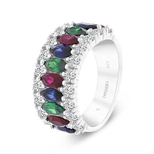 Sterling Silver 925 Ring Rhodium Plated Sapphire Corundum , Ruby Corundum , Emerald Zircon