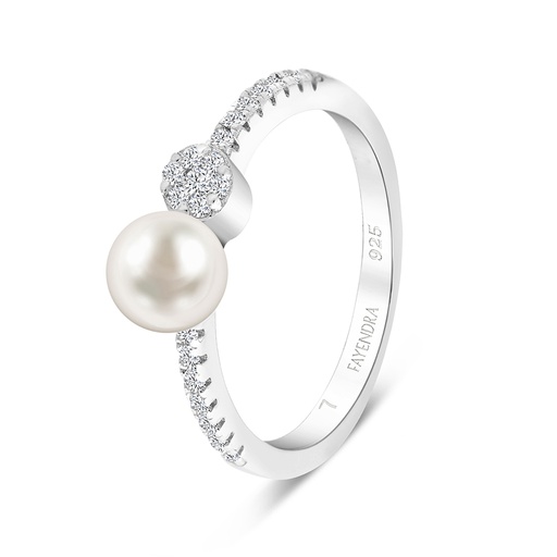 Sterling Silver 925 Ring Rhodium Plated Embedded With Natural White Pearl And  White Zircon 