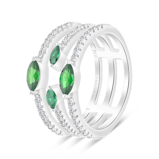 Sterling Silver 925 Ring Rhodium Plated Embedded With Emerald