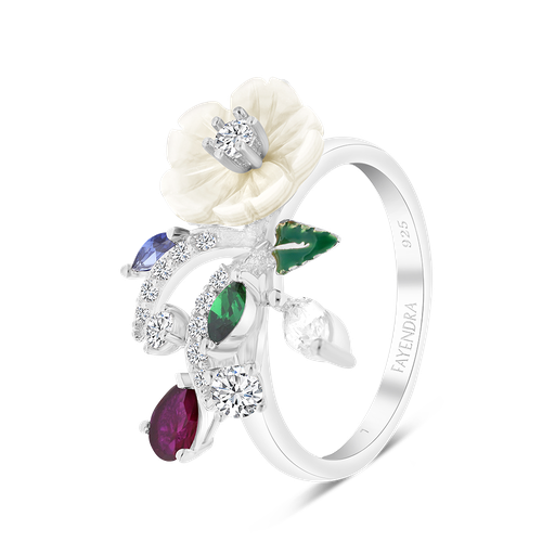 Sterling Silver 925 Ring Rhodium Plated White Shell Embedded Multi Zircon
