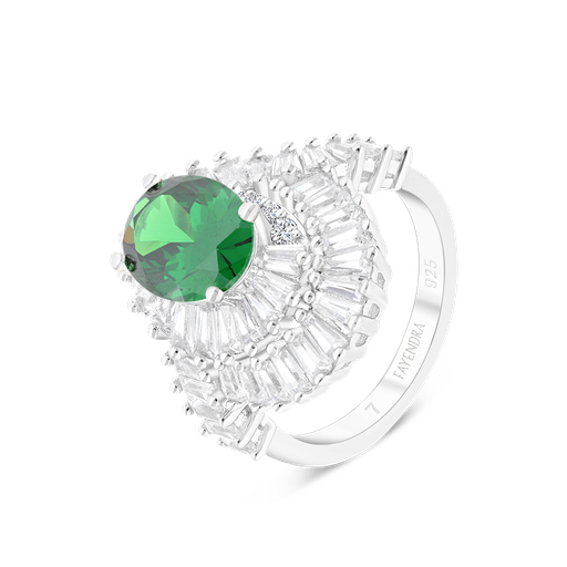 Sterling Silver 925 Ring Rhodium Plated Embedded With Emerald