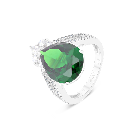 Sterling Silver 925 Ring Rhodium Plated Embedded With Emerald