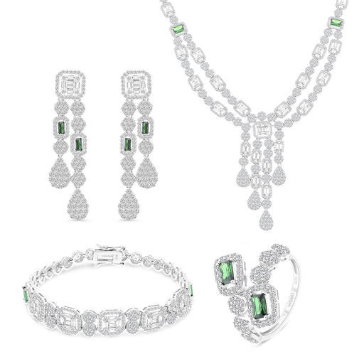 Sterling Silver 925 Set Rhodium Plated Embedded With Emerald