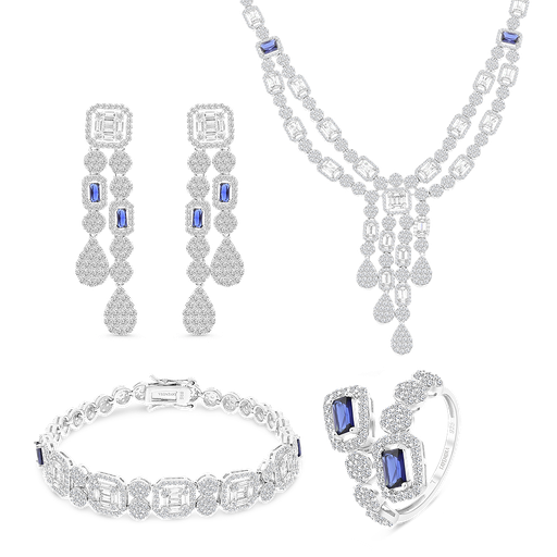 Sterling Silver 925 Set Rhodium Plated Sapphire Corundum