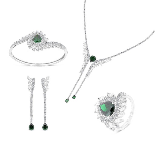 Sterling Silver 925 Set Rhodium Plated Embedded With Emerald