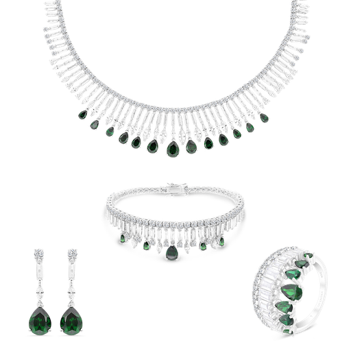 Sterling Silver 925 Set Rhodium Plated Embedded With Emerald