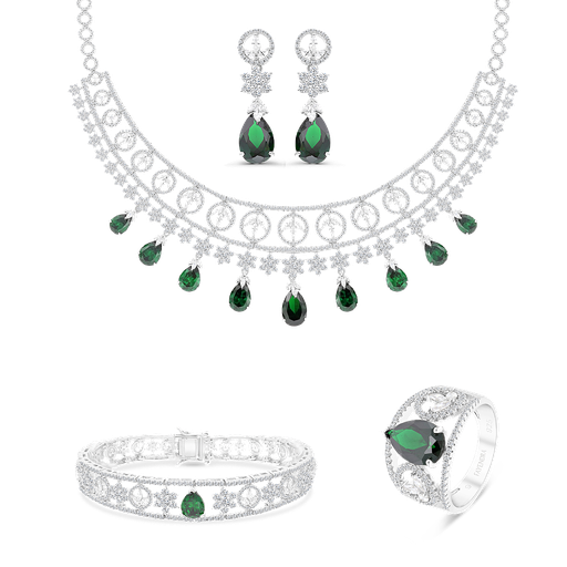 Sterling Silver 925 Set Rhodium Plated Embedded With Emerald