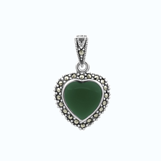 [PND04MAR00GAGA311] Sterling Silver 925 Pendant Embedded With Natural Green Agate And Marcasite Stones