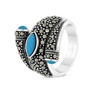 Sterling Silver 925 Ring Embedded With Natural Processed Turquoise And Marcasite Stones