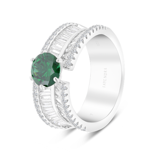 Sterling Silver 925 Ring Rhodium Plated Embedded With Emerald