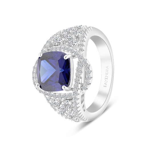 Sterling Silver 925 Ring Rhodium Plated Embedded With Sapphire Corundum 774