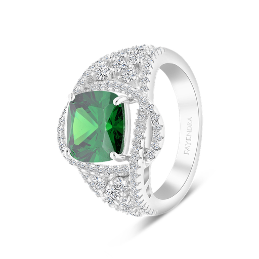 Sterling Silver 925 Ring Rhodium Plated Embedded With Emerald