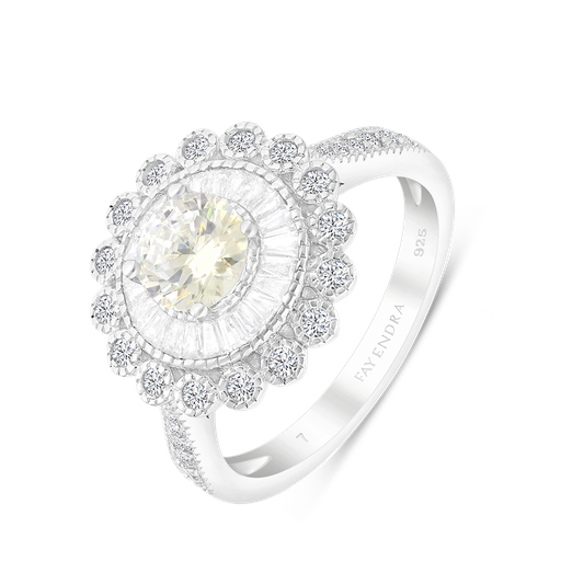 Sterling Silver 925 Ring Rhodium Plated Embedded With Yellow Zircon