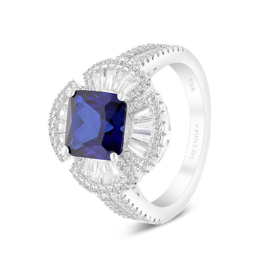 Sterling Silver 925 Ring Rhodium Plated Embedded With Sapphire Corundum