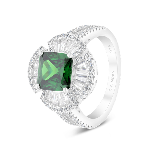 Sterling Silver 925 Ring Rhodium Plated Embedded With Emerald