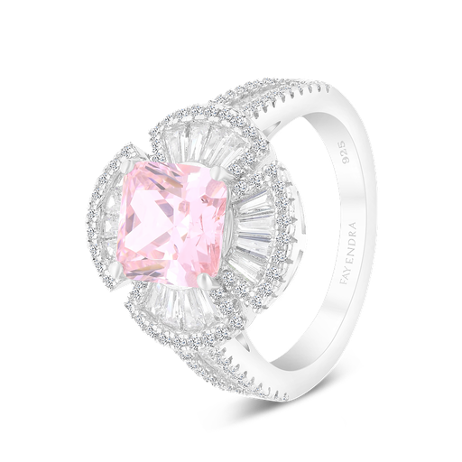 Sterling Silver 925 Ring Rhodium Plated Embedded With Pink Zircon And White CZ