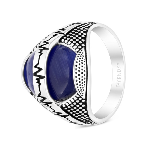 Sterling Silver 925 Ring Rhodium Plated Embedded With Blue Tiger Eye For Men