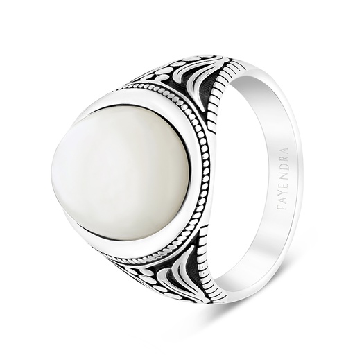 Sterling Silver 925 Ring Rhodium Plated White MOP For Men