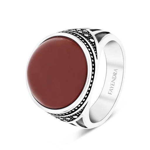 Sterling Silver 925 Ring Rhodium Plated Red Natural Aqiq For Men