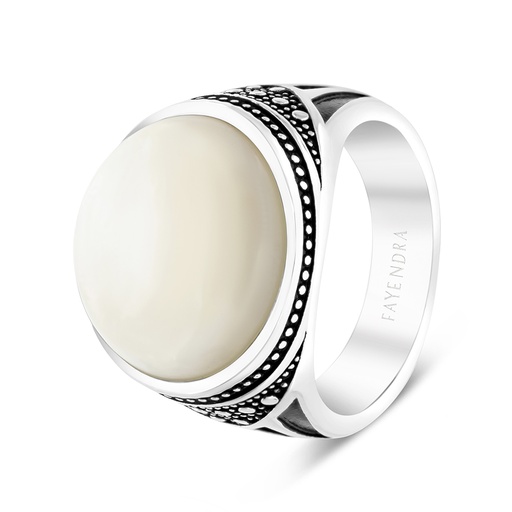 Sterling Silver 925 Ring Rhodium Plated White MOP For Men