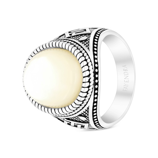 Sterling Silver 925 Ring Rhodium Plated Embedded With White MOP For Men LOGO