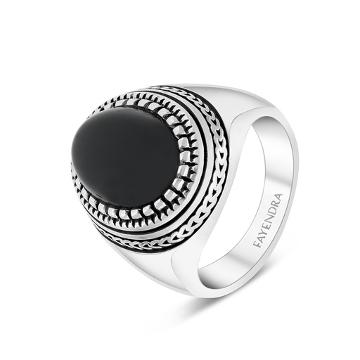 Sterling Silver 925 Ring Rhodium Plated Black Agate For Men