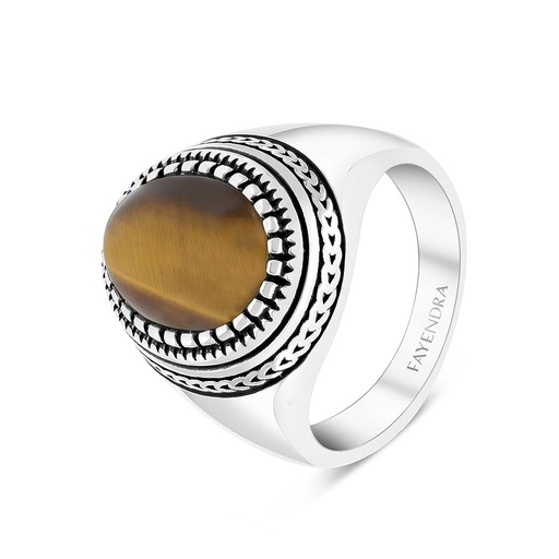 Sterling Silver 925 Ring Rhodium Plated Yellow Tiger Eye For Men