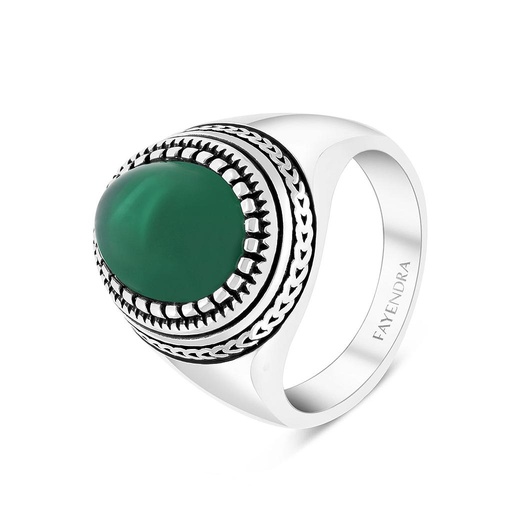 Sterling Silver 925 Ring Rhodium Plated Green Agate For Men