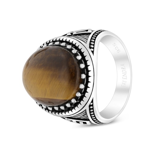 Sterling Silver 925 Ring Rhodium Plated Embedded With Yellow Tiger Eye For Men LOGO